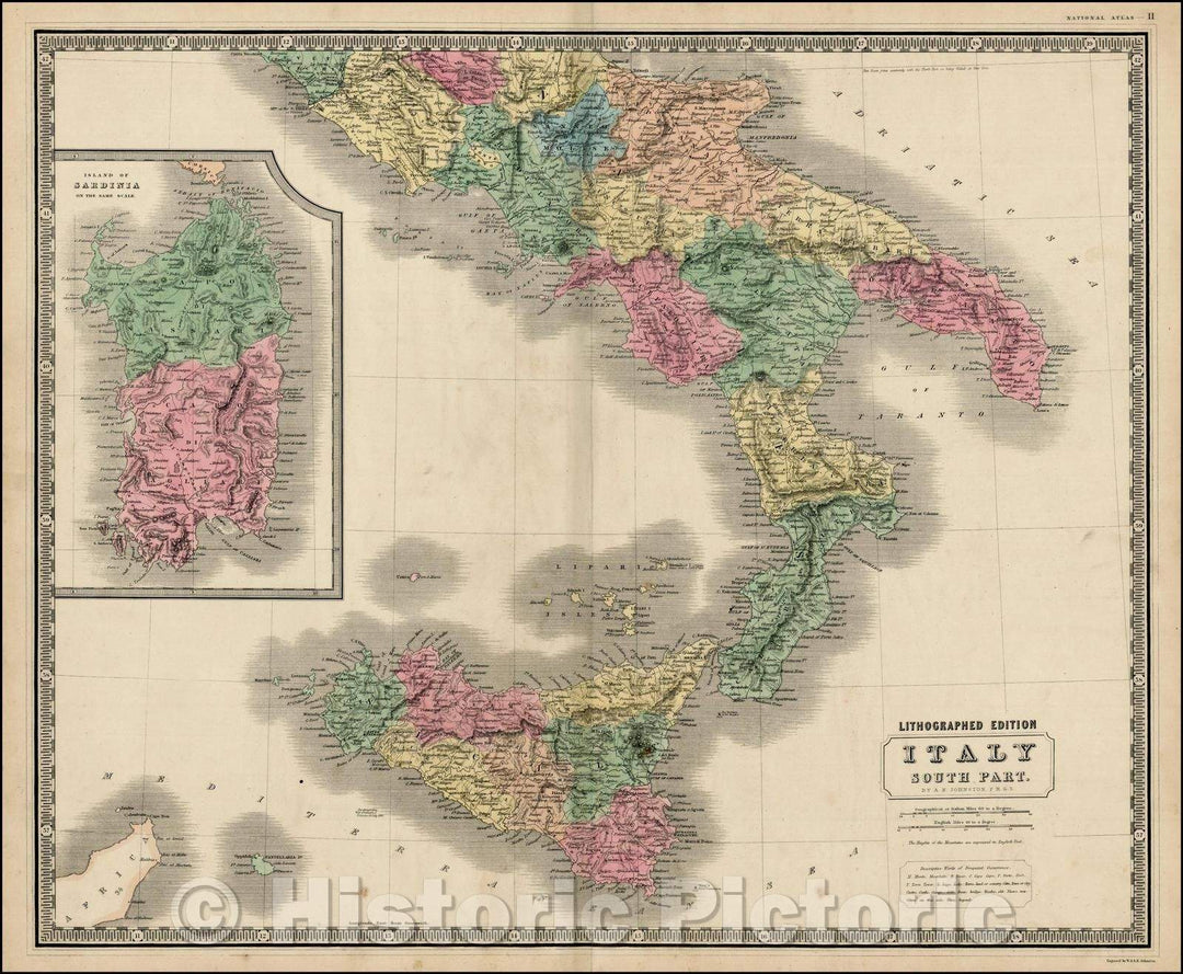 Historic Map - Italy South Part. [Includes Sicily-large inset of Sardinia], 1849, W. & A.K. Johnston - Vintage Wall Art