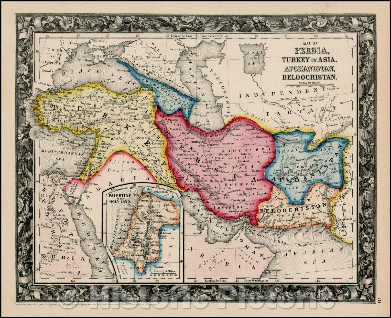 Historic Map - Map of Persia, Turkey in Asia, Afghanistan, Beloochistan, 1861, Samuel Augustus Mitchell Jr. v1