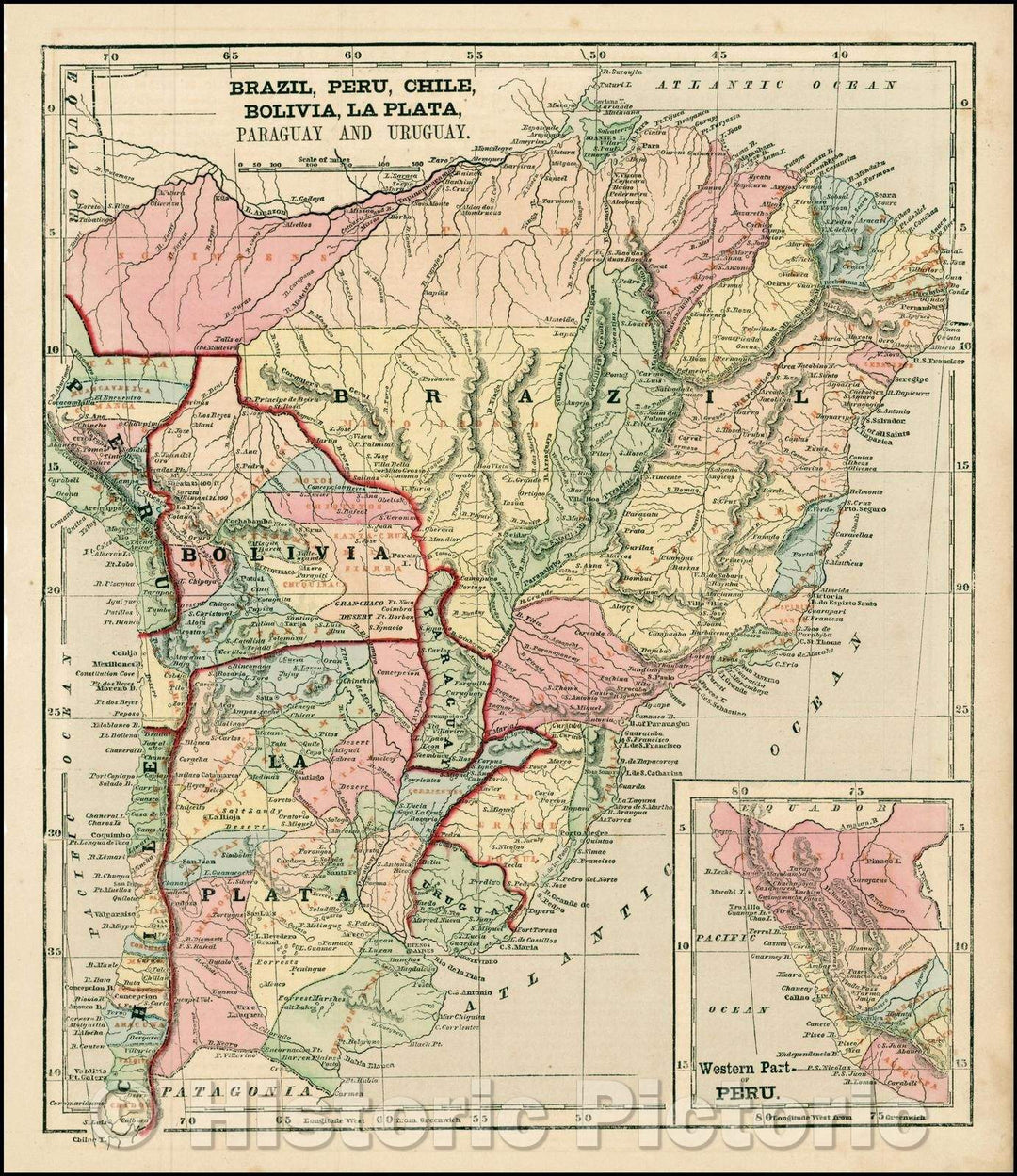 Historic Map - Brazil, Peru, Chile, Boliva, La Plata, Parguay and Uruguay/Map of the southern part of South America, by Charles Morse.< / p>, 1856 - Vintage Wall Art