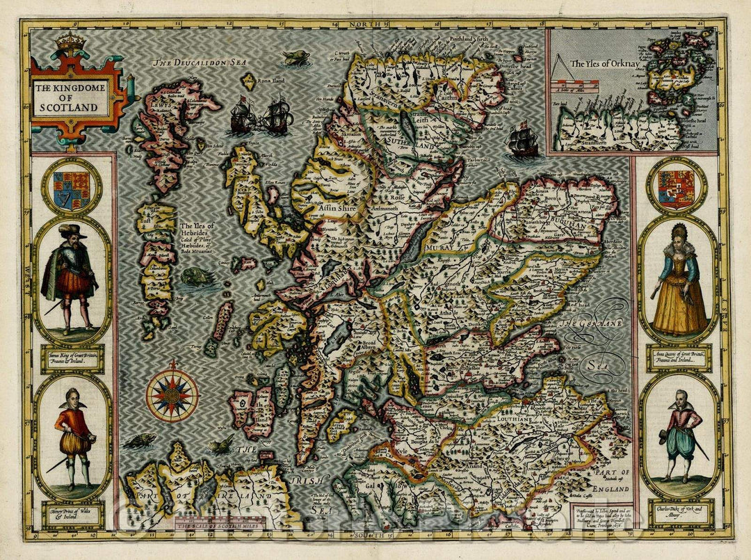 Historic Map - The Kingdome of Scotland, 1616, John Speed - Vintage Wall Art