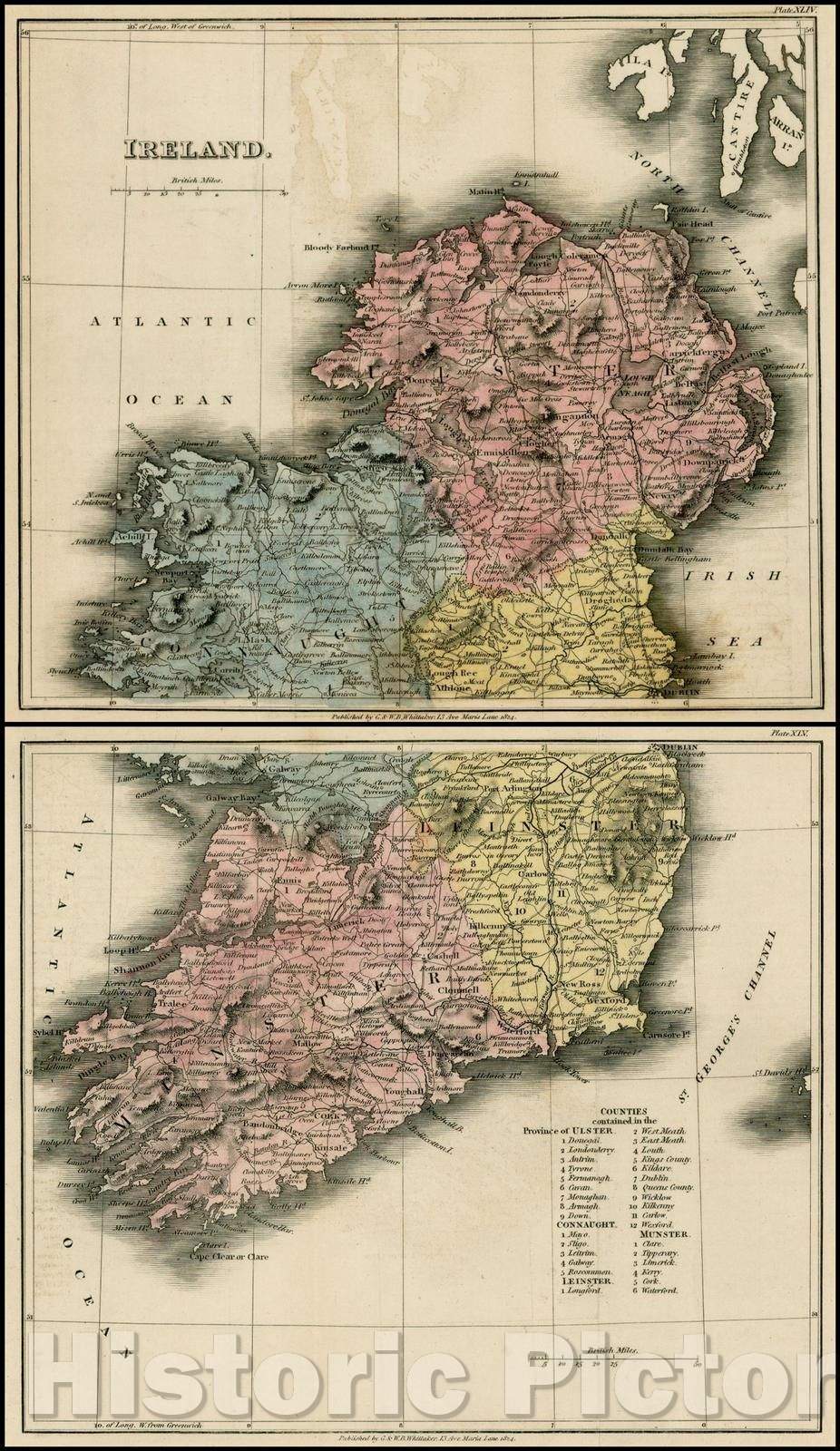 Historic Map - Ireland, 1814, G & W.B. Whittaker - Vintage Wall Art