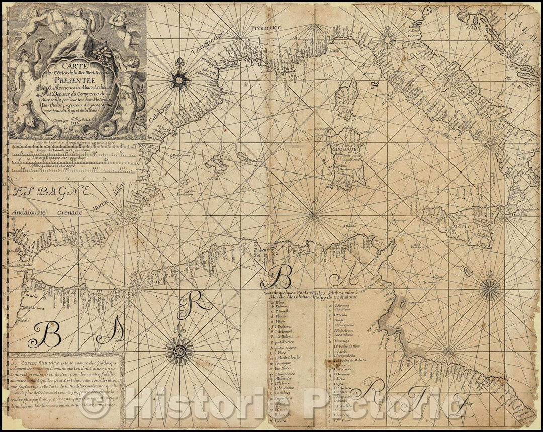 Historic Map - (Eastern Half of Mediterranean) (Carte des Costes de la Mer Mediterranee Presentee a Messieurs les Maire /, 1716, Francois Berthelot - Vintage Wall Art