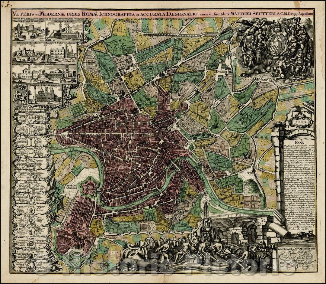 Historic Map - Veteris et Modernae Urbis Romae Ichnographia et Accurata Designatio/Plan of Rome, major buildings,structures of Rome, 7 inset Views, 1730 - Vintage Wall Art