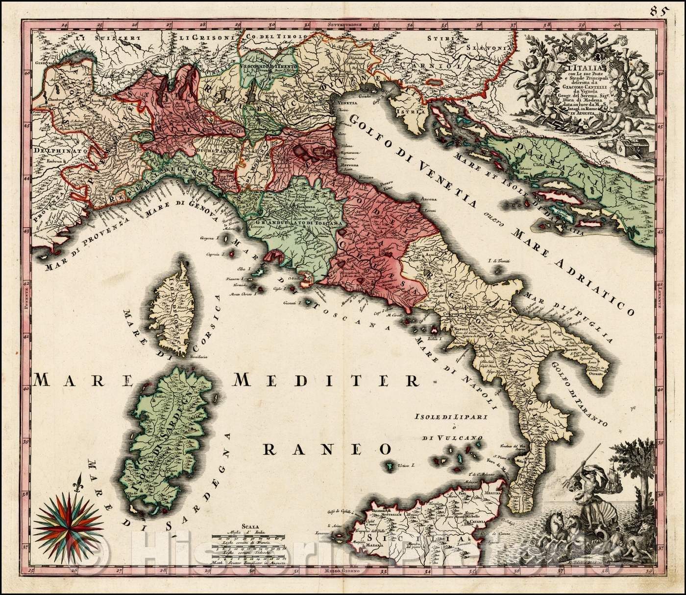 Historic Map - L'Italia con Le sue Poste e Strade Principali descritta da Giacomo Cantelli/Postal Map of Italy, Post roads and postal routes, 1740 - Vintage Wall Art