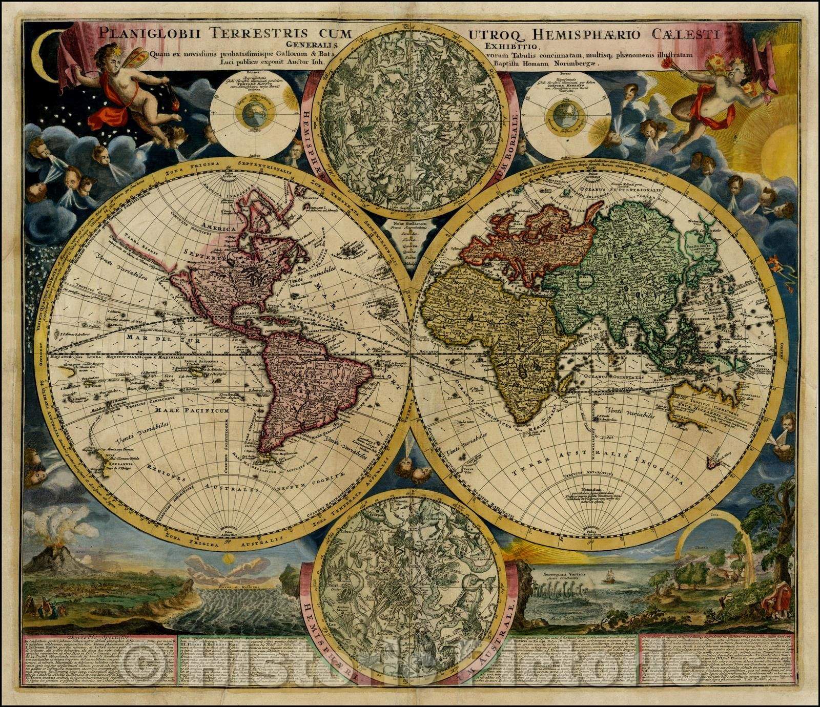 Historic Map - Planiglobii Terrestris Cum Utroq Caelesti Generalis Exhibitio/Double hemisphere Map of the world, Celestial models of the hemispheres, 1720 - Vintage Wall Art