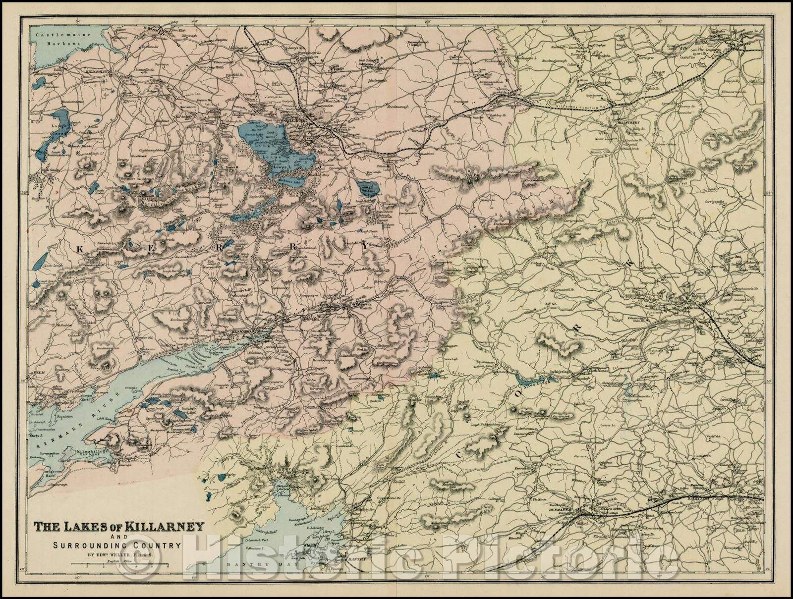 Historic Map - The Lakes of Killarney and Surrounding Country, 1863, Edward Weller v2