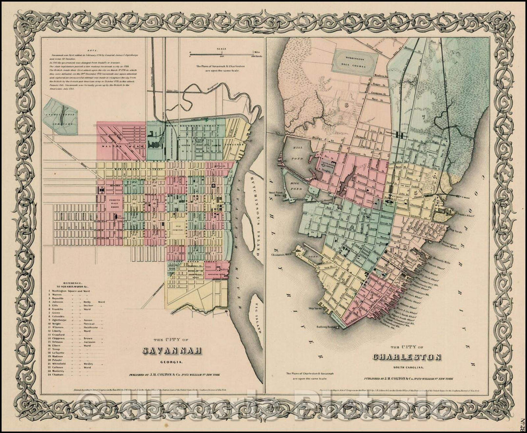 Historic Map - Colton's The City of Savannah Georgia [with] Colton's The City of Charleston South Carolina, 1855, Joseph Hutchins Colton - Vintage Wall Art