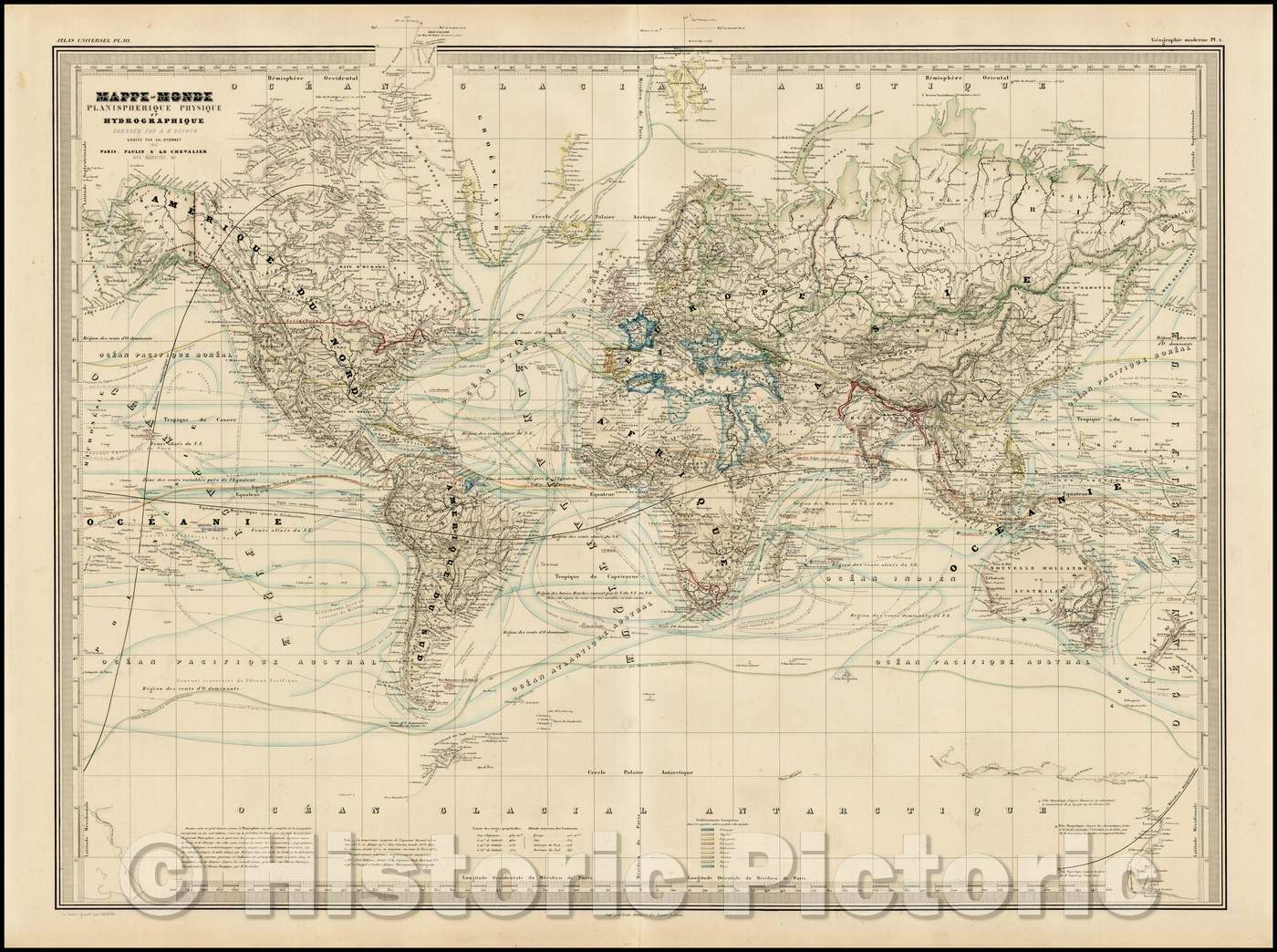 Historic Map - Mappe-Monde Planispherique Physique et Hydrographique/World Map, handcolored by continent and country, 1856, Adolphe Hippolyte Dufour - Vintage Wall Art