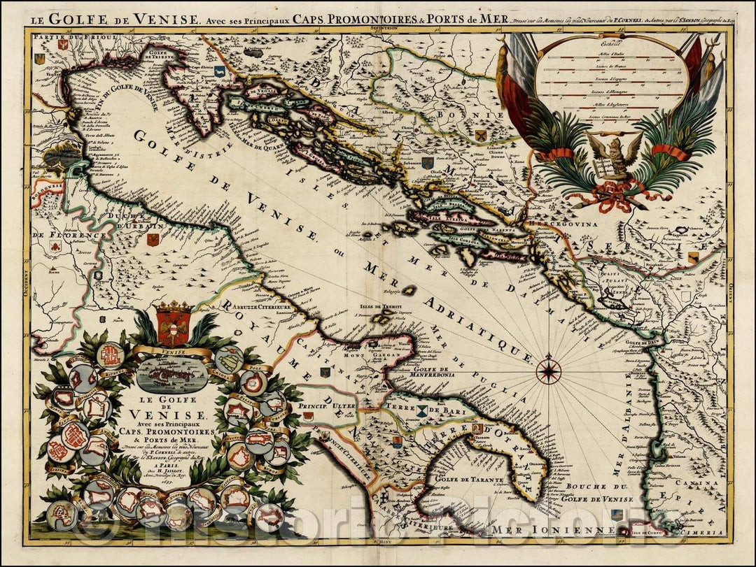 Historic Map - Le Golfe De Venise, Avec ses Principaux Caps, Promontoires, Ports de/Map of the Gulf of Venice, Adriatic and Balkans, Corfu, 1693 - Vintage Wall Art