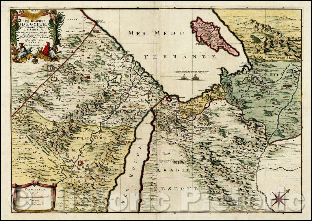 Historic Map - Les Deserts D'Egypte De Thebaide D'Arabie, De Sirie/Map of Egypt, Cyprus, Syria and the Holy Land, published by Jaillot in Amsterdam, 1693 - Vintage Wall Art