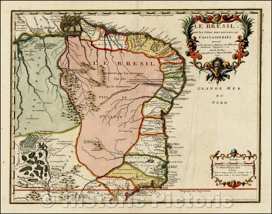 Historic Map - Le Bresil dont les Cotes sont Divisees en Capitaineries Dresse/Map of Brazil, Amazon River to S. Vincent and La Plata River, 1719 - Vintage Wall Art