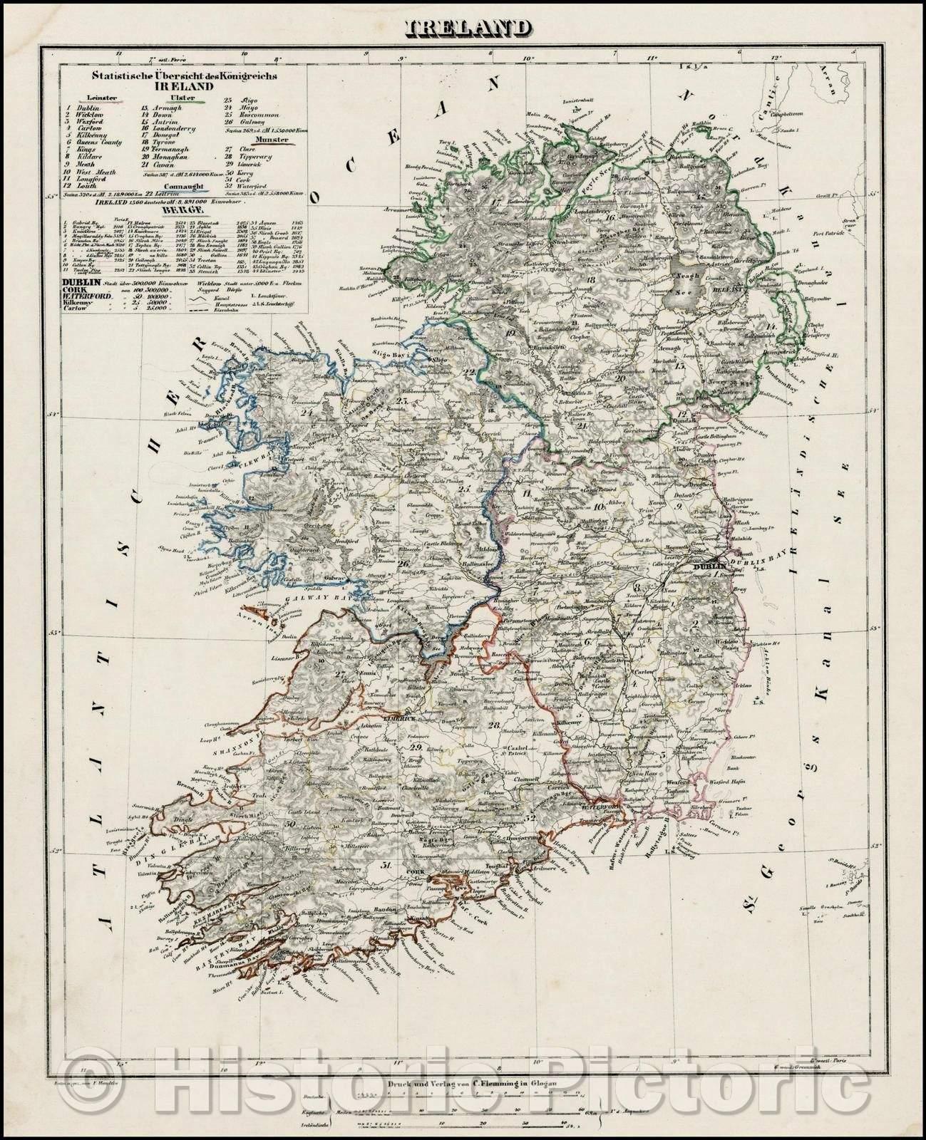 Historic Map - Ireland, 1845, Carl Flemming - Vintage Wall Art