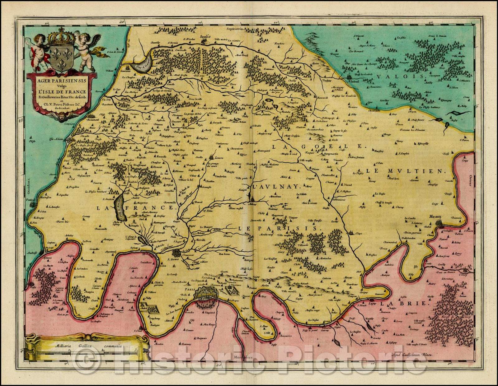 Historic Map - Ager Pariiensis vulgo L'Isle De France/Map of Isle De France, including a large Plan of Paris, 1642, Willem Janszoon Blaeu - Vintage Wall Art