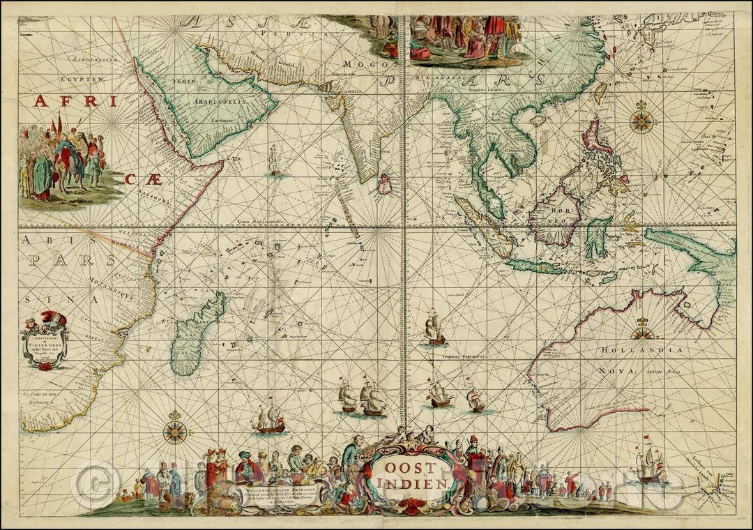 Historic Map - Oost Indien Wassende-Graade Paskaart, vertoonende nevens het Oosterlykste van Afrika, meede de Zeekusten van Asia, van C. de Bona Esperance tot Eso, 1690 - Vintage Wall Art