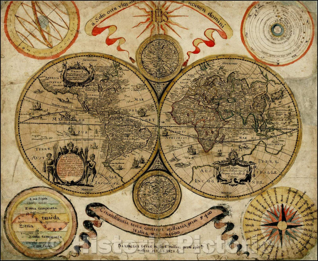 Historic Map - A Montage of a World Map, 1690, - Vintage Wall Art