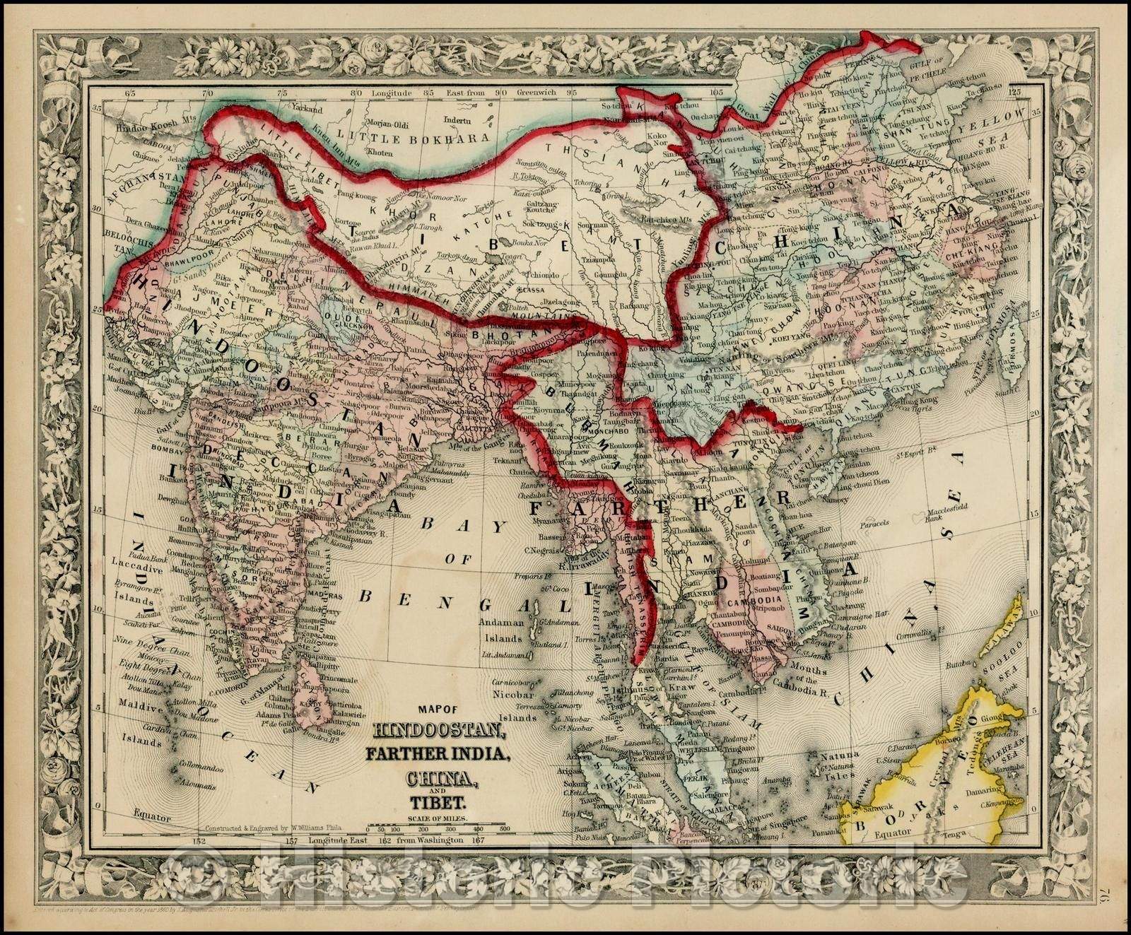 Historic Map - Map of Hindoostan, Farther India, China and Tibet, 1864, Samuel Augustus Mitchell Jr. - Vintage Wall Art