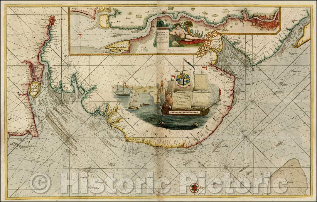 Historic Map - The River of Thames from London to the Buoy of the Noure. Sold, 1693, Mount & Page - Vintage Wall Art