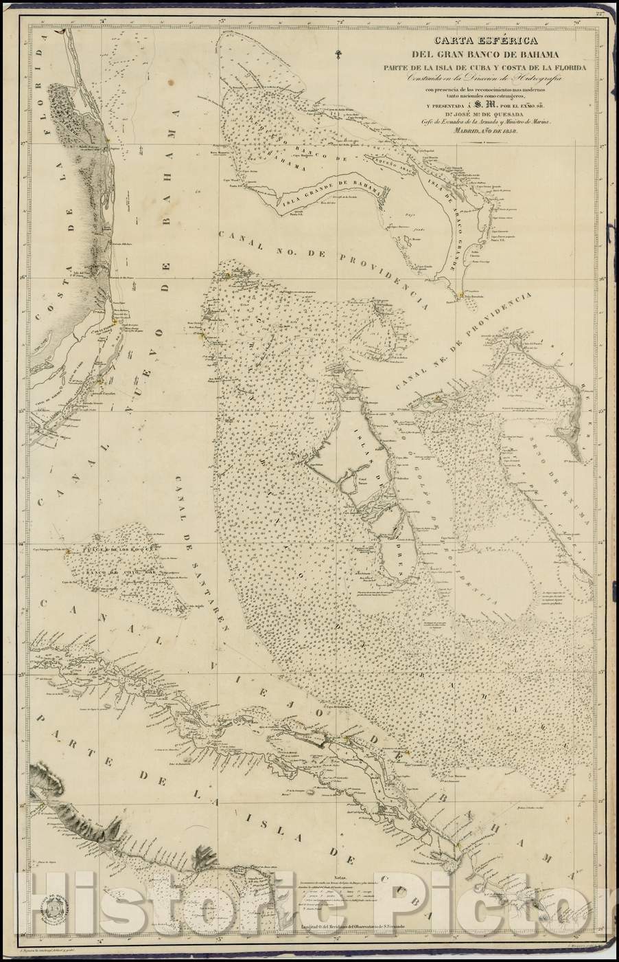 Historic Map - Carta Esferica Del Gran Banco de Bahama Parte de la Isla de Cuba y Costa de Florida/Spherical letter Great Bahama Bank of the island of Cuba, 1858 - Vintage Wall Art