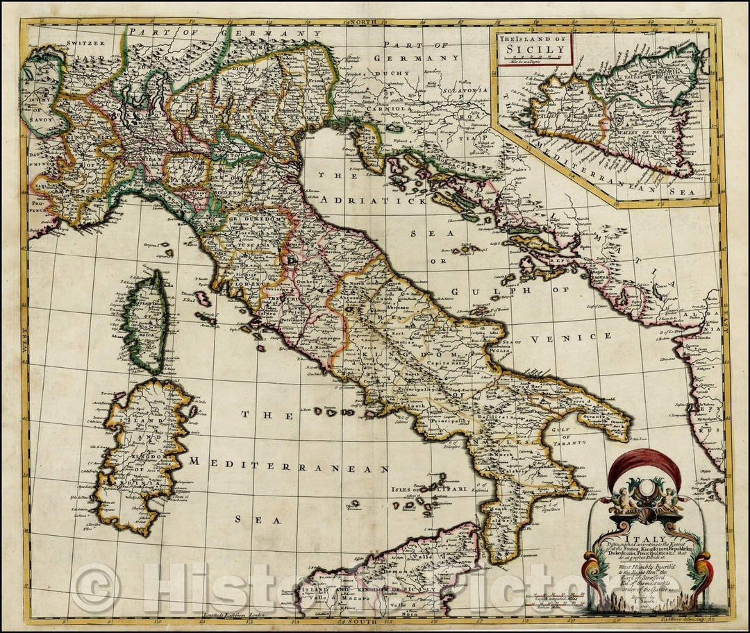 Historic Map - Italy. Distinguished according to the Extent of all the States, Kindomes, Republickes, Dukedomes, 1721 - Vintage Wall Art