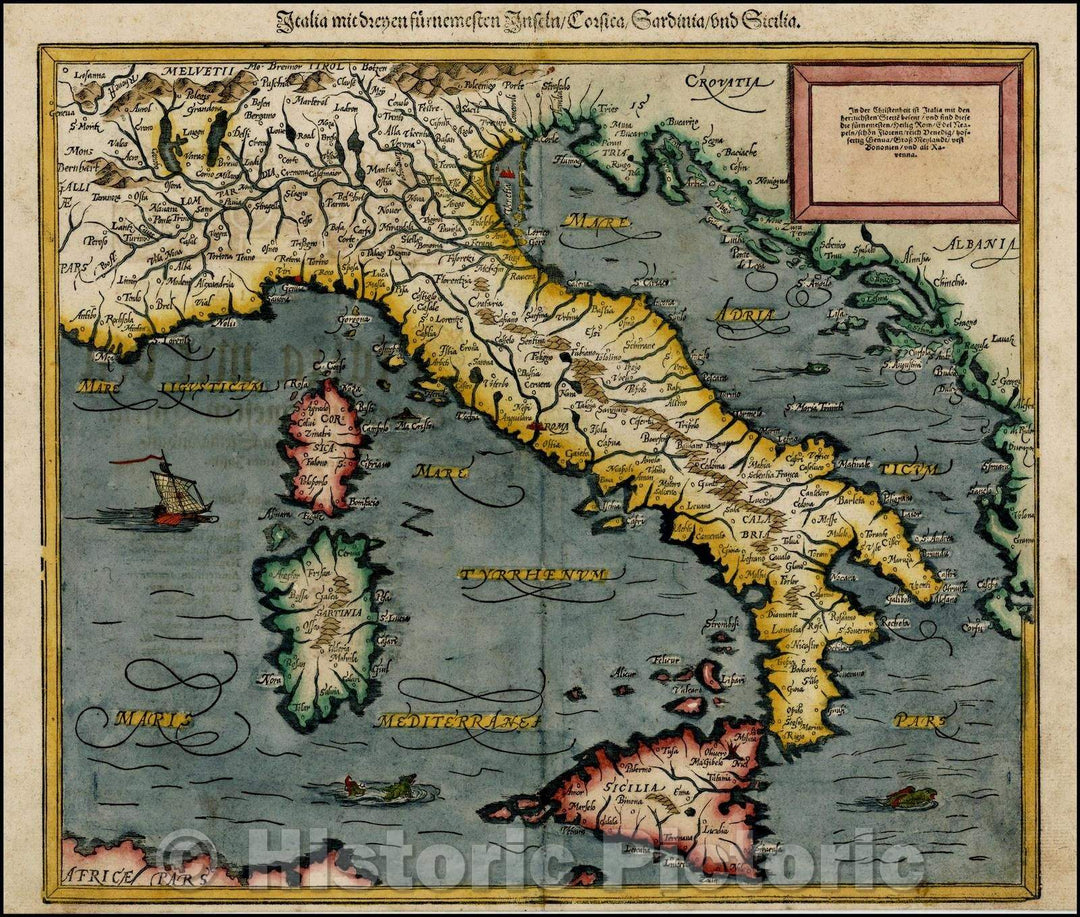 Historic Map - Italia Mit Den Dreyen Furnempften Inseln, Corsica, Sardinia, und Sicilia, 1588, Sebastian M?nster - Vintage Wall Art