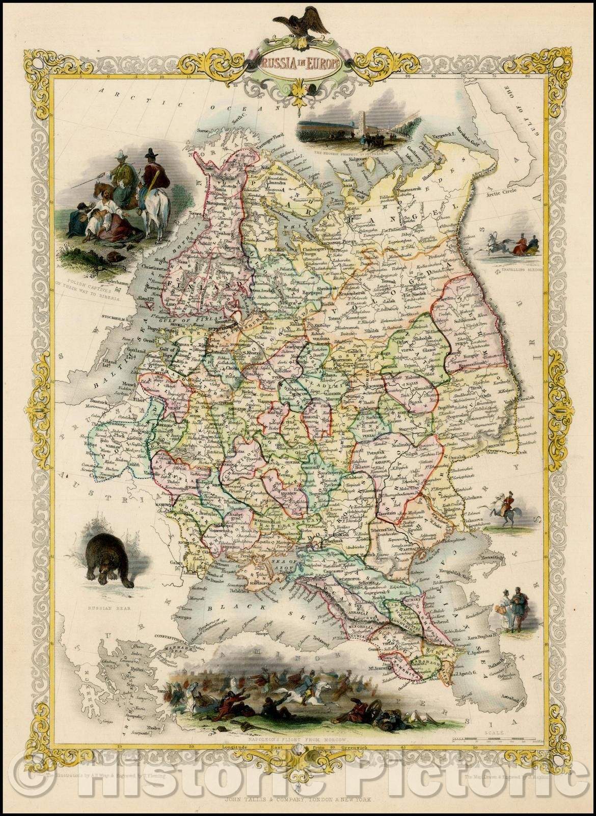 Historic Map - Russia in Europe, 1851, John Tallis - Vintage Wall Art