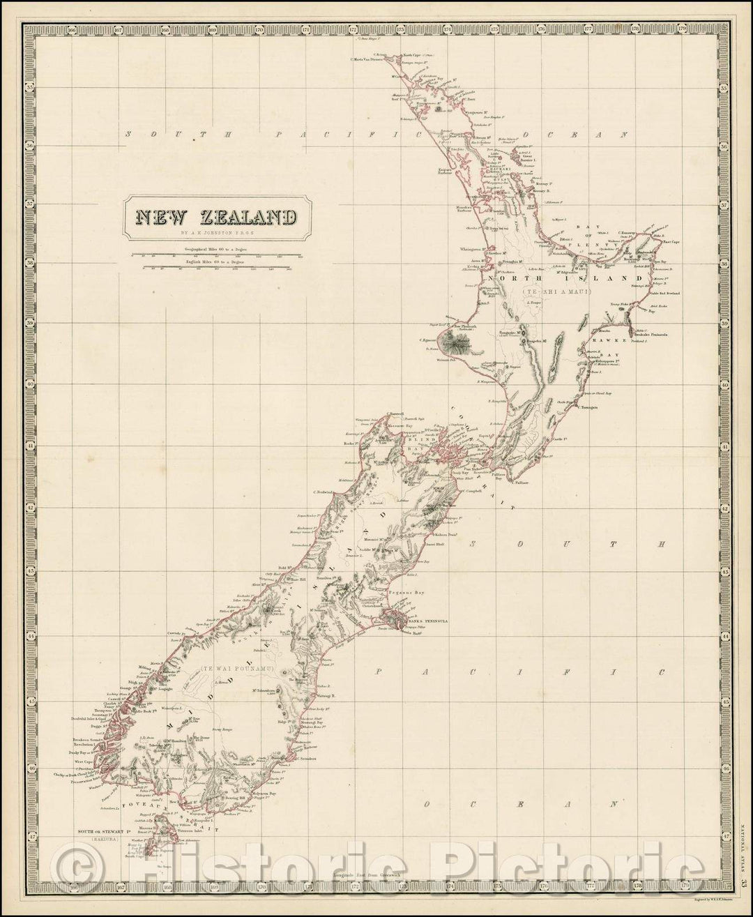 Historic Map - New Zealand, 1850, W. & A.K. Johnston - Vintage Wall Art