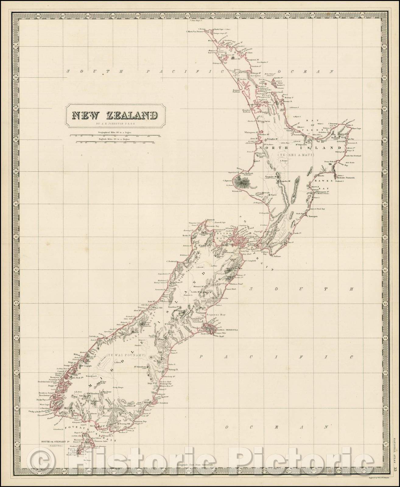 Historic Map - New Zealand, 1850, W. & A.K. Johnston - Vintage Wall Art