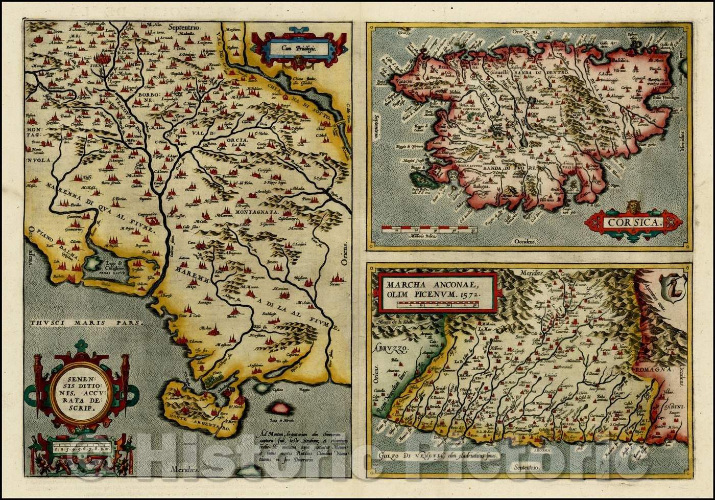 Historic Map - Senensis Ditionis Accurata Descrip [and] Corsica [and] Marcha Anconae Olim, 1587 - Vintage Wall Art