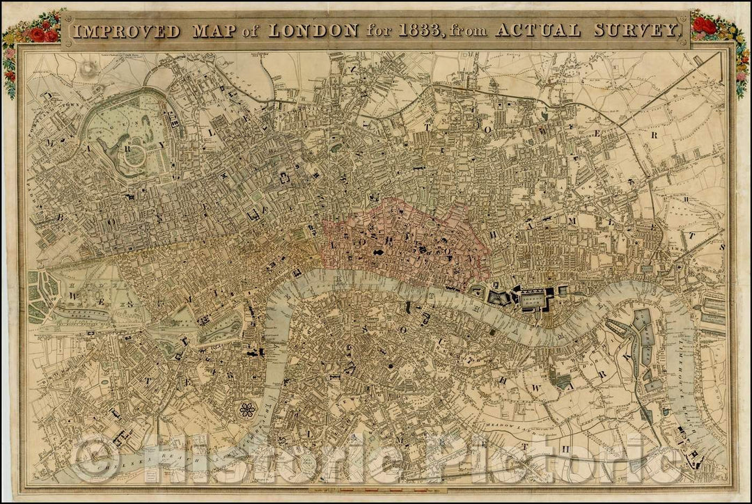 Historic Map - Improved Map of London for, from Actual Survey, 1833, George Virtue - Vintage Wall Art