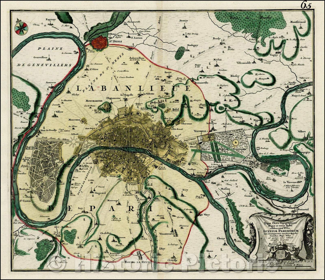 Historic Map - Typus Choro-Topographicus Regiae et totius Orbis celebrimmae/Map of environs of Paris in 1730, metropolitan France, to St. Denis, 1730 - Vintage Wall Art