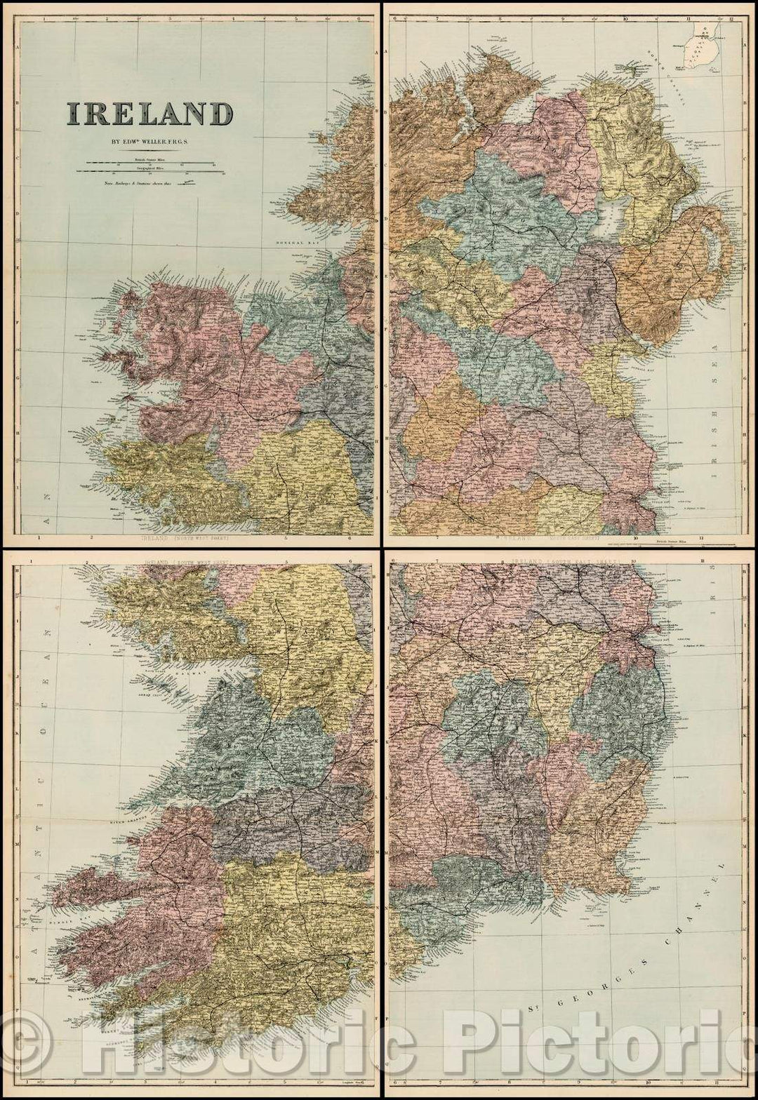 Historic Map - Ireland (4 sheets), 1845, Edward Weller - Vintage Wall Art