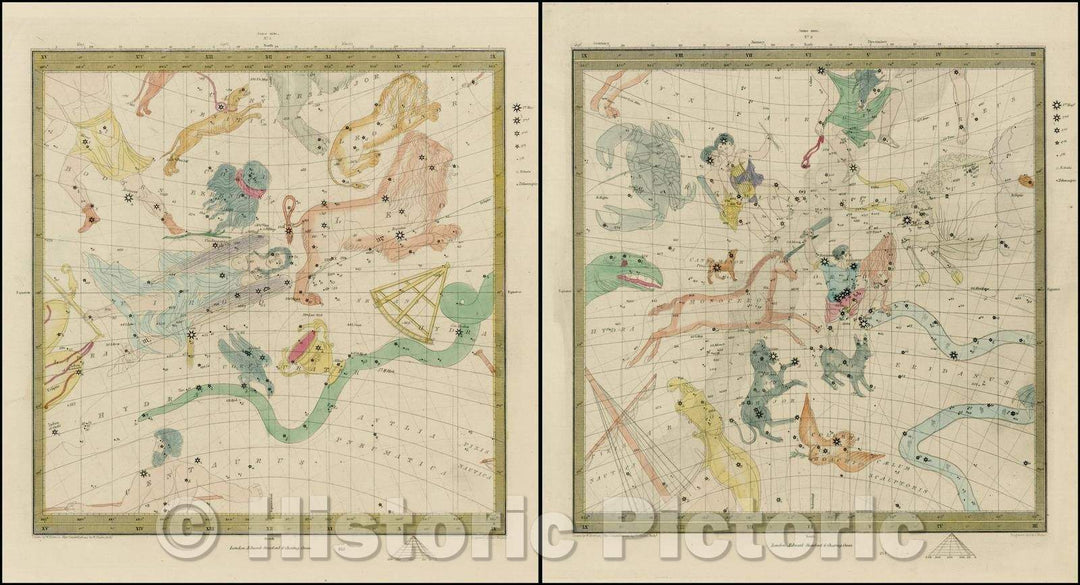 Historic Map - Pair of Celestial Maps (Leo, Virgo, Cancer, Gemini, Taurus, Orion, etc.), 1830, SDUK - Vintage Wall Art