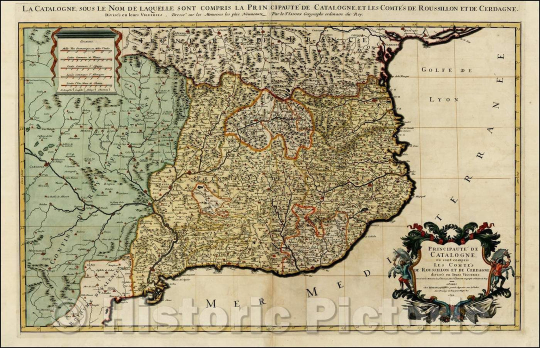 Historic Map - Principaute De Catalogne ou sont compris Les Comtes De Roussillon/Map of the Catalonia, with two large cartouches, 1696, Alexis-Hubert Jaillot - Vintage Wall Art