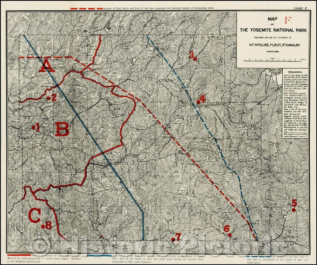 Historic Map - Map of the Yosemite National Park Prepared For Use of U.S. Troops, 1896, U.S. Government v1