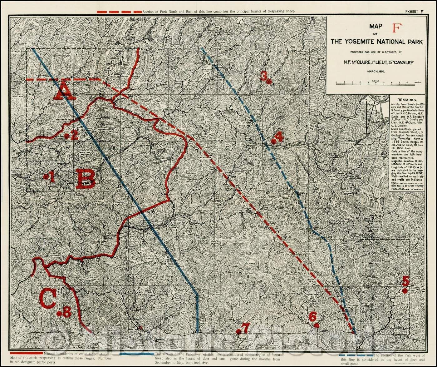 Historic Map - Map of the Yosemite National Park Prepared For Use of U.S. Troops, 1896, U.S. Government v1