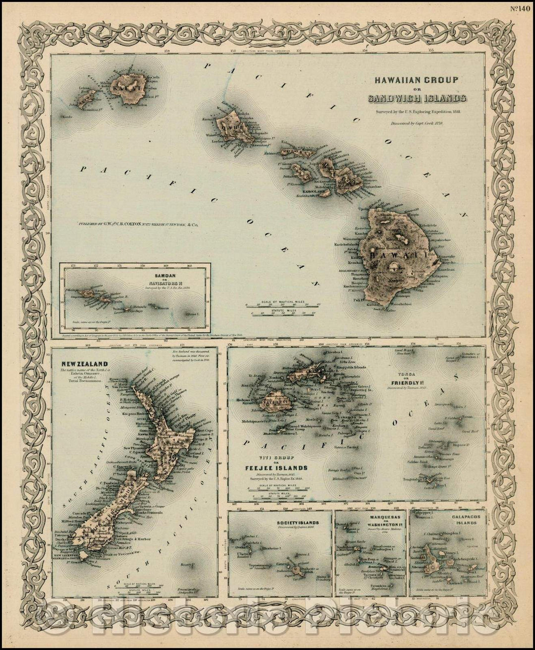 Historic Map - Hawaiian Group or Sandwich Islands [with] New Zealand [and] Feejee Group, Society Island, Marquesas and Galapagos Islands, 1861 - Vintage Wall Art