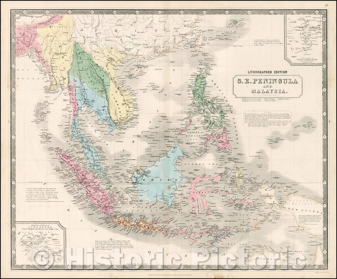 Historic Map - S.E. Peninsula and Malaysia [Singapore inset and Pulo Penang or Price of Wales Island inset], 1849, W. & A.K. Johnston - Vintage Wall Art