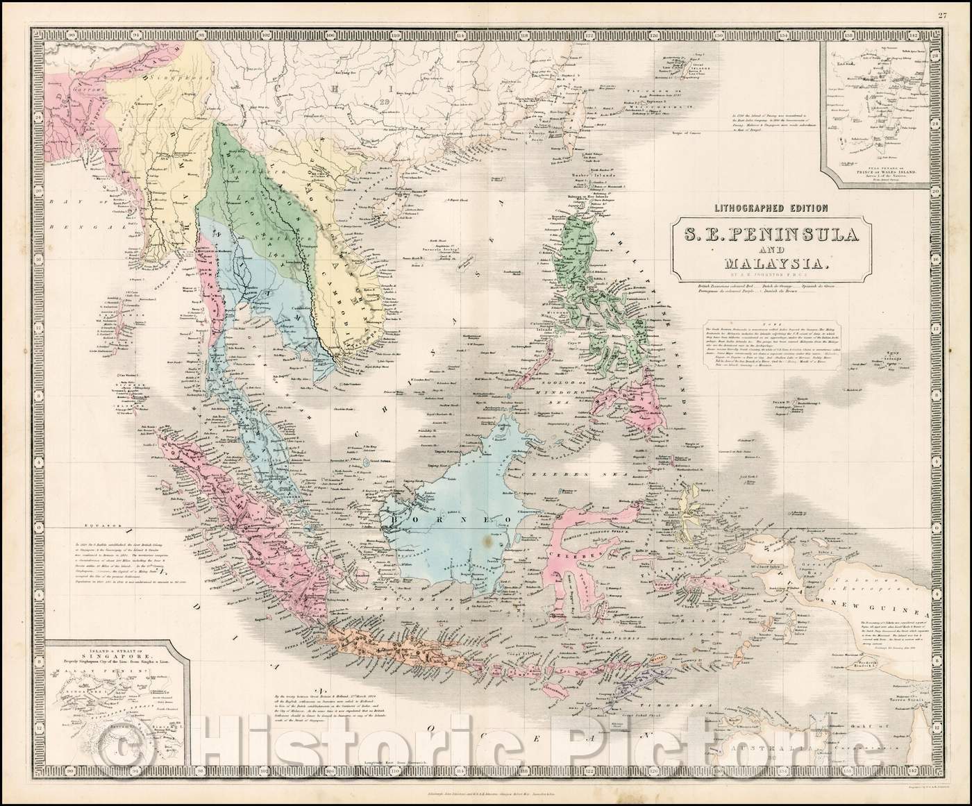 Historic Map - S.E. Peninsula and Malaysia [Singapore inset and Pulo Penang or Price of Wales Island inset], 1849, W. & A.K. Johnston - Vintage Wall Art