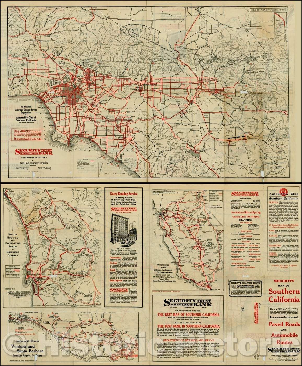 Historic Map - Automobile Map of The Los Angeles Region (with smaller maps of San Diego County and Santa Barbara Areas), 1923, George Clason - Vintage Wall Art