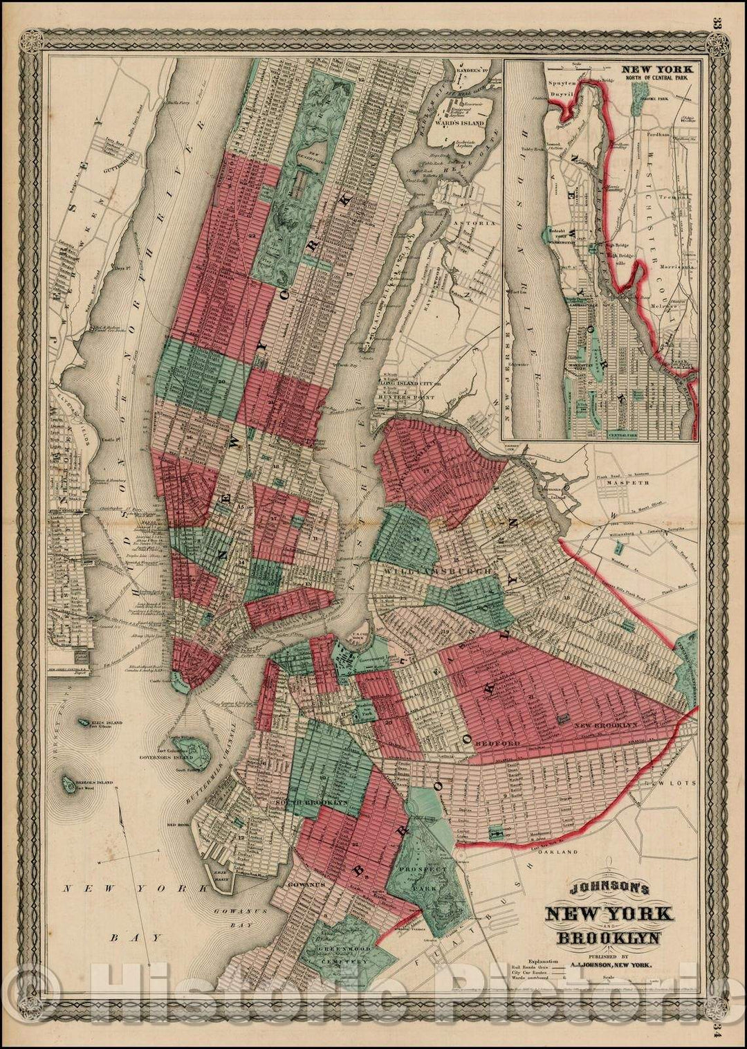 Historic Map - Johnson's New York and Brooklyn, 1866, Alvin Jewett Johnson - Vintage Wall Art