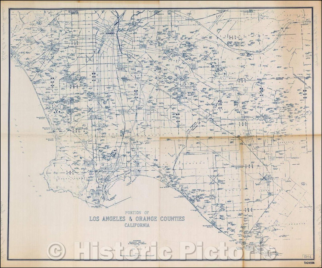 Historic Map - Portion of Los Angeles & Orange Countiesw showing Wildcat Wells & Producing Areas April 1936, Revised April 15, 1941, 1941, Anonymous - Vintage Wall Art