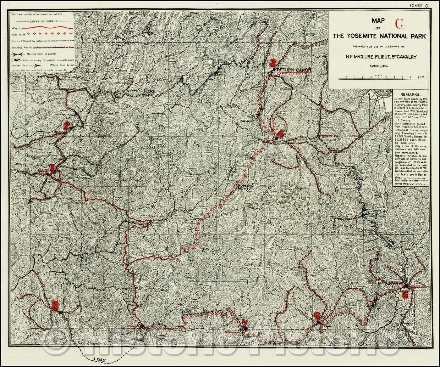 Historic Map - Map of the Yosemite National Park Prepared For Use of U.S. Troops, 1896, U.S. Government v2