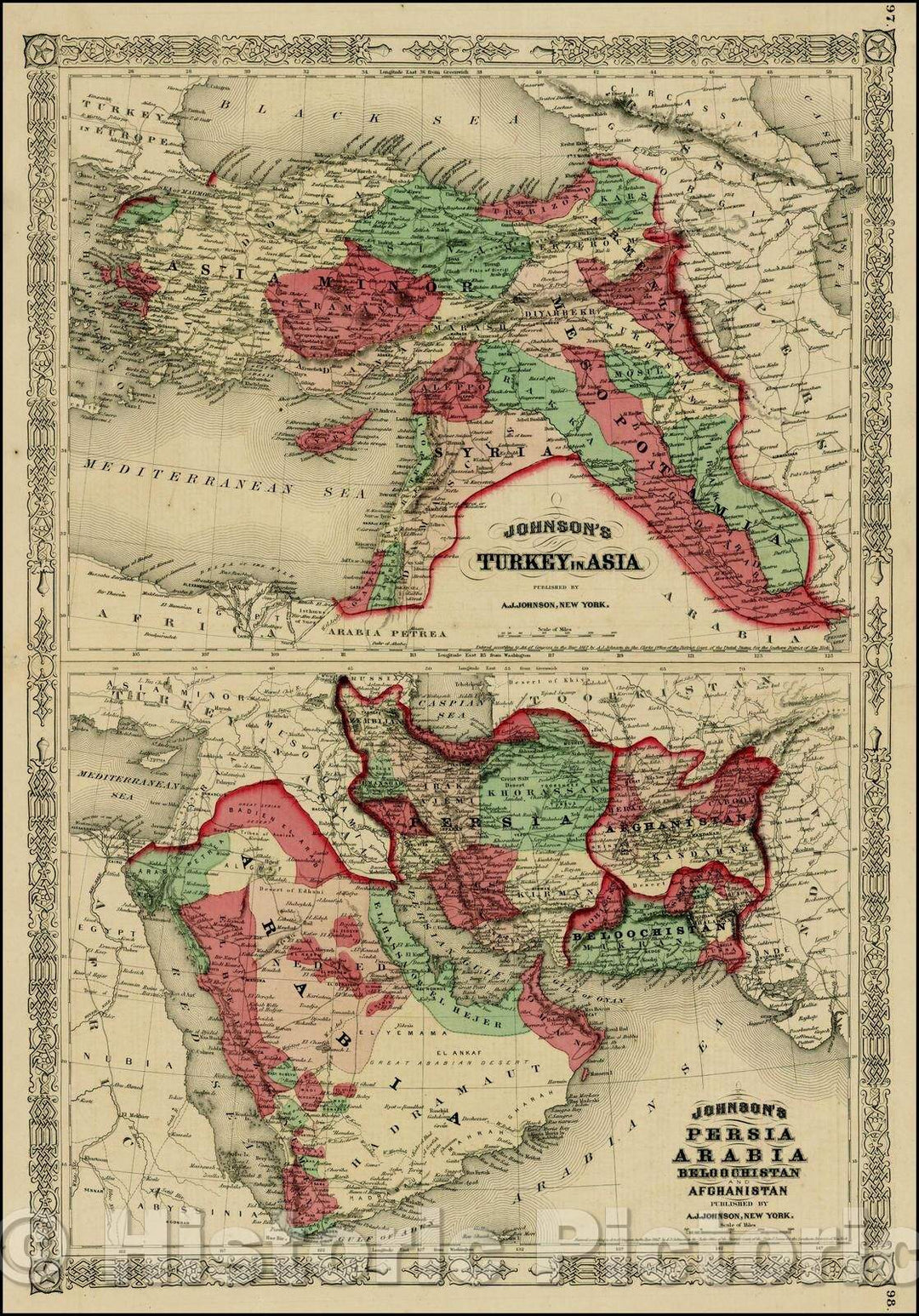 Historic Map - Johnson's Turkey in Asia [with] Johnson's Persia, Arabia, Beloochistan and Afghanistan (shows Cyprus), 1867, Alvin Jewett Johnson - Vintage Wall Art