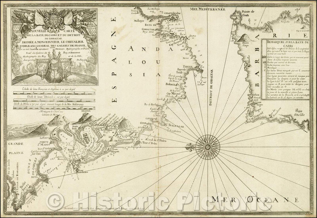 Historic Map - Nouvelle Carte De La Baye De Cadis Et Du Detroit De Gibraltar 1718 / Straits of Gibraltar, profiles of the Coastal Regions, 1718 - Vintage Wall Art