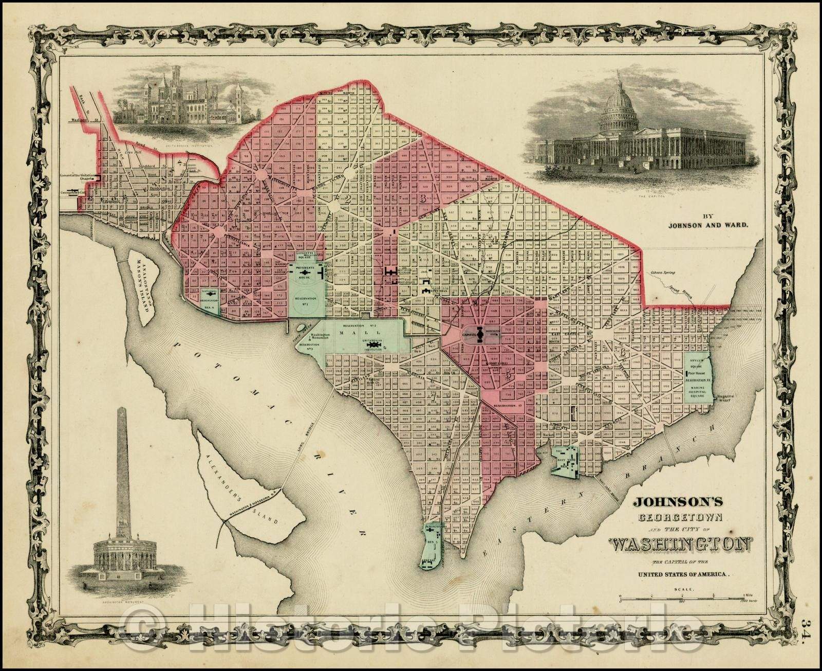 Historic Map - Johnson's Georgetown and The City of Washington The Capital of the United States of America, 1862, Benjamin Ward v1