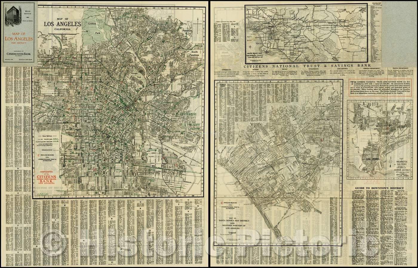 Historic Map - Map of Los Angeles California (with maps of Santa Monica Bay District; Wilmington & San Pedro; and Los Angeles & Vicinity on Verso, 1929 - Vintage Wall Art