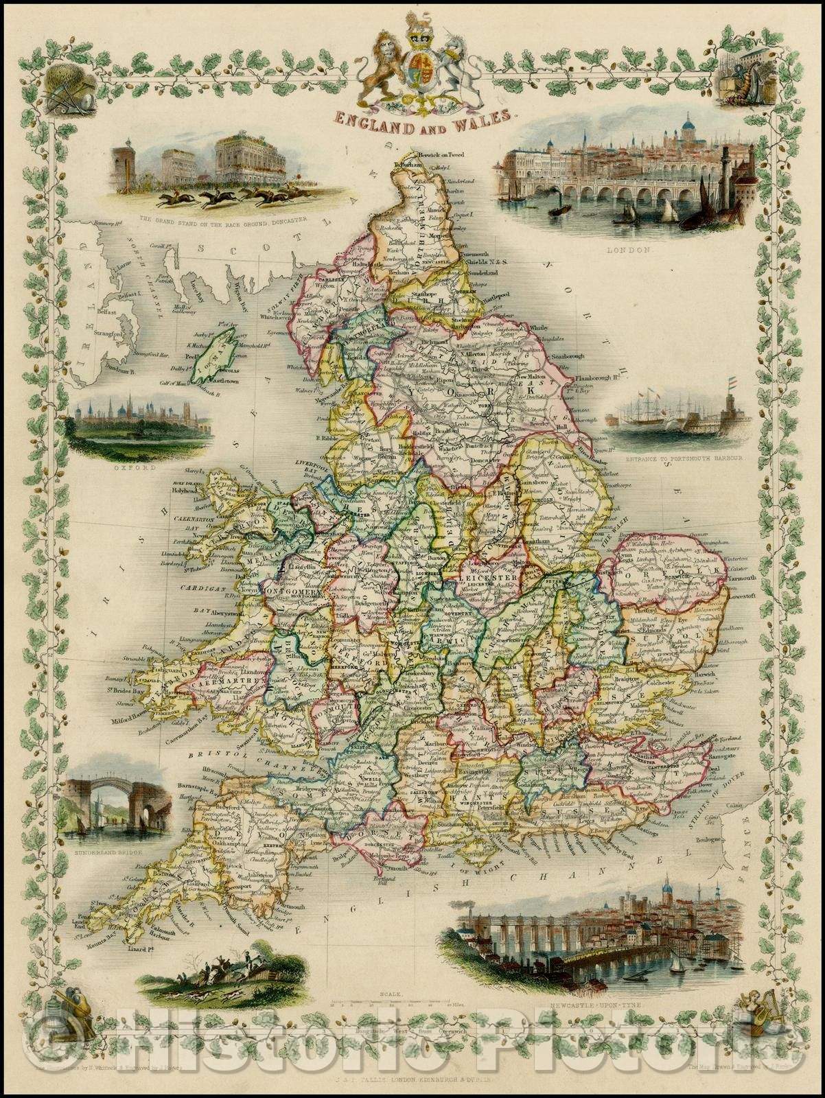 Historic Map - England and Wales, 1851, John Tallis - Vintage Wall Art