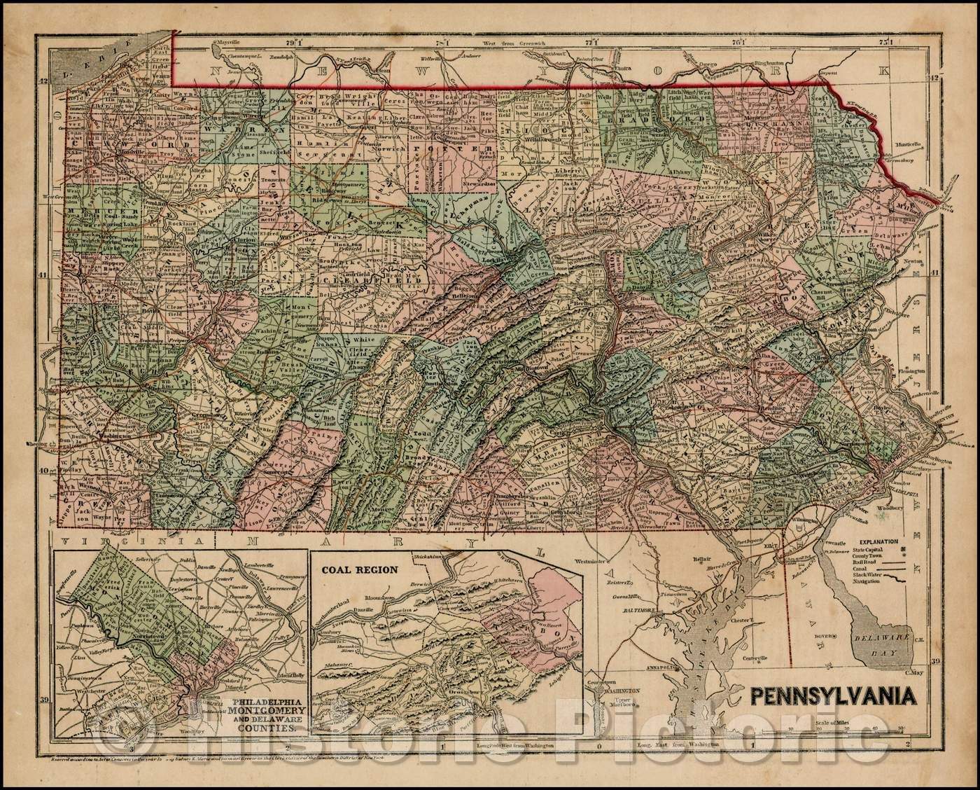 Historic Map - Pennsylvania (with insets of Coal Region and Philadelphia, Montgomery and Delaware Counties), 1856, Charles Morse - Vintage Wall Art