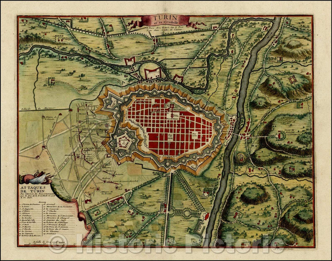 Historic Map - Turin et sa Citadel / 18th Century Plan of Turin, published by De Fer in Paris, 1720, Nicolas de Fer - Vintage Wall Art