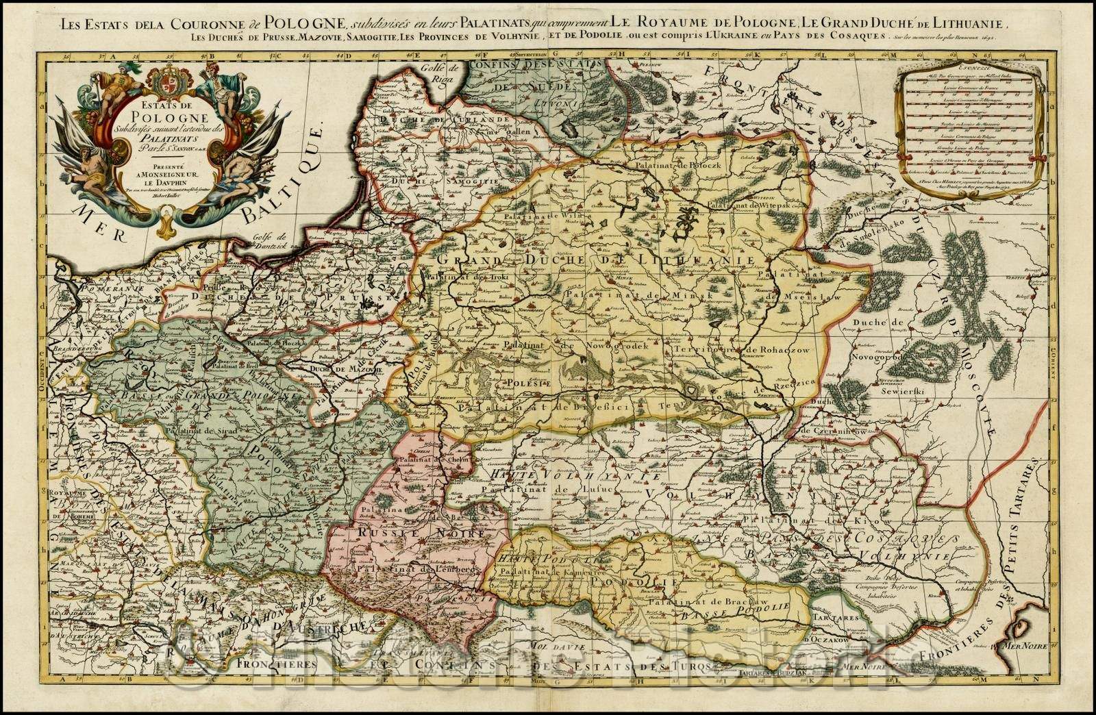 Historic Map - Estats Dela Couronne De Pologne, subdivises en leurs Palatinats, qui comprennent/Map of Poland, Lithuania, the Ukraine, 1692 - Vintage Wall Art